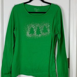 Kim Rogers green long sleeved tee shirt size medium with sequins shape of trees